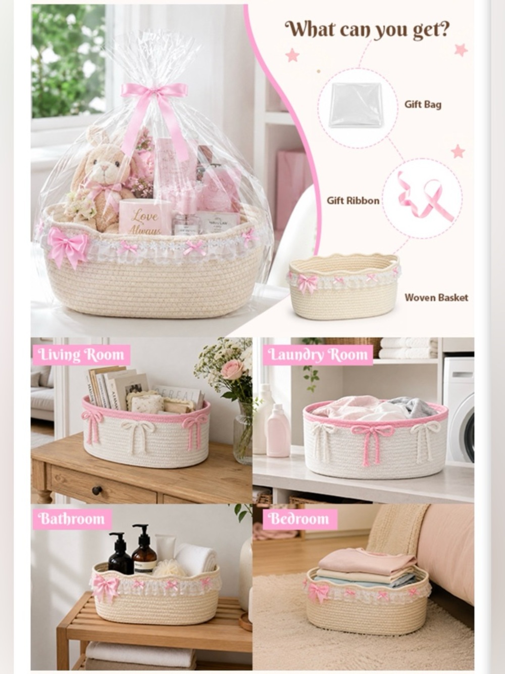 Decorative Pink Ribbon Cotton Rope Gift Basket with Bag & Ribbon - Picture 9 of 14